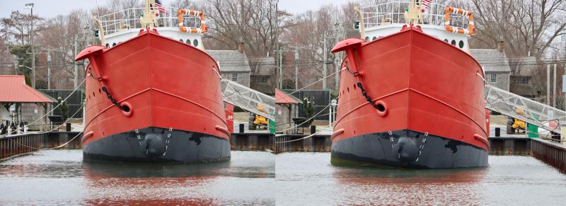 Two photos taken of the Lightship Overfalls March 13. The left image shows the ship listing to the starboard side. The right image was taken about 20 minutes after the Lewes Fire Department filled one of the ship’s ballast tanks with 700 gallons of water, adding about 6,000 pounds. The ship tilted to the port side. But, it only worked at high tide, according to Overfalls Foundation President Dave Shook. The ship listed again when it settled into the mud at low tide. BILL SHULL PHOTOS